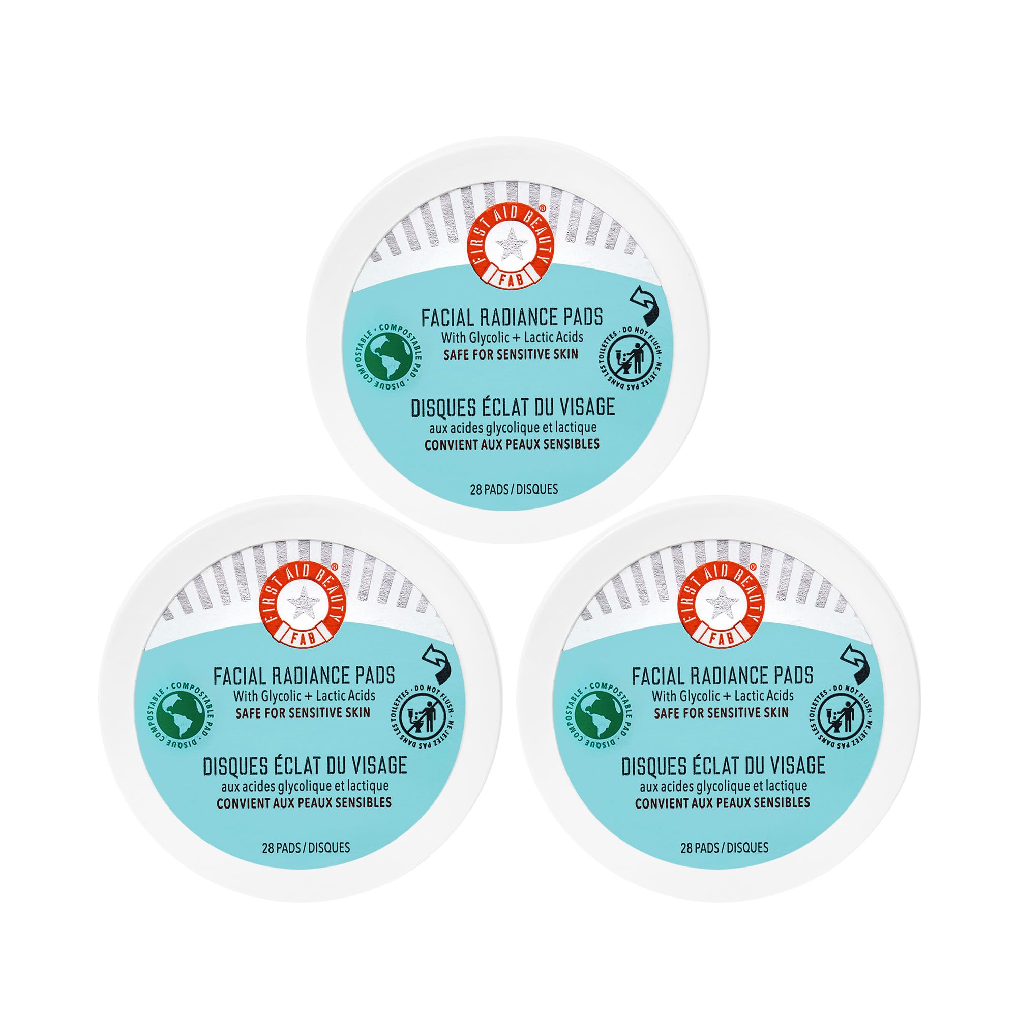 First Aid Beauty facial radiance pads closeup-jar demonstrates gentle exfoliation for smoother skin.
