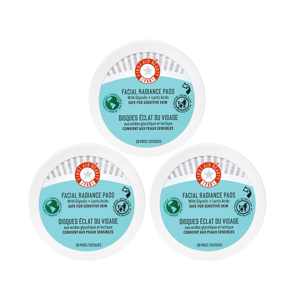 First Aid Beauty facial radiance pads closeup-jar demonstrates gentle exfoliation for smoother skin.