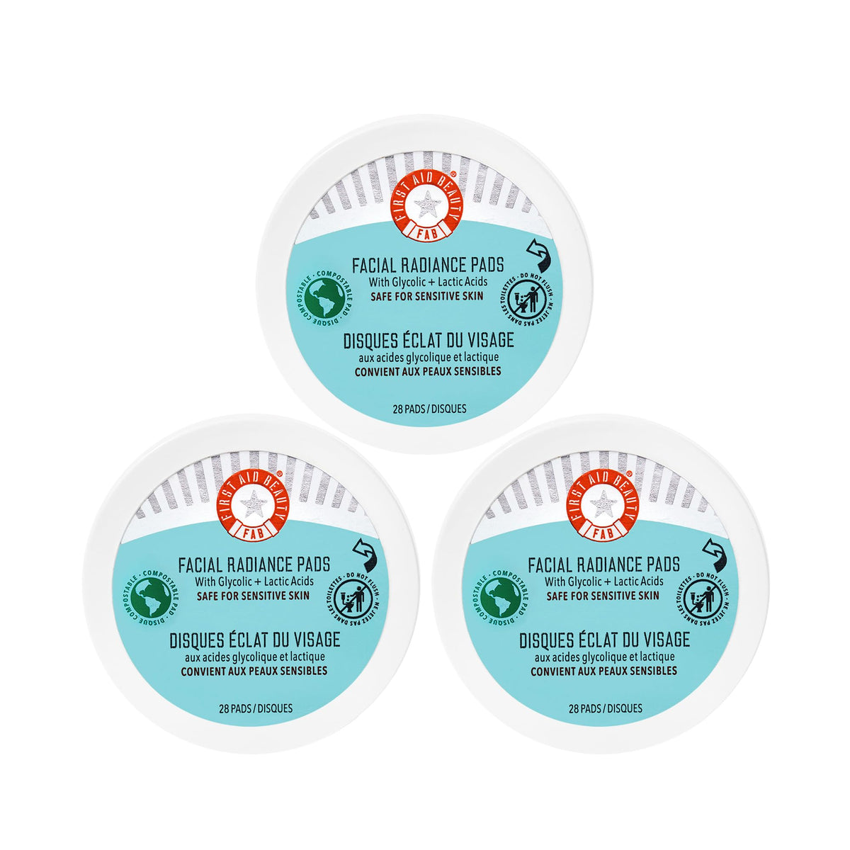 First Aid Beauty facial radiance pads closeup-jar demonstrates gentle exfoliation for smoother skin.