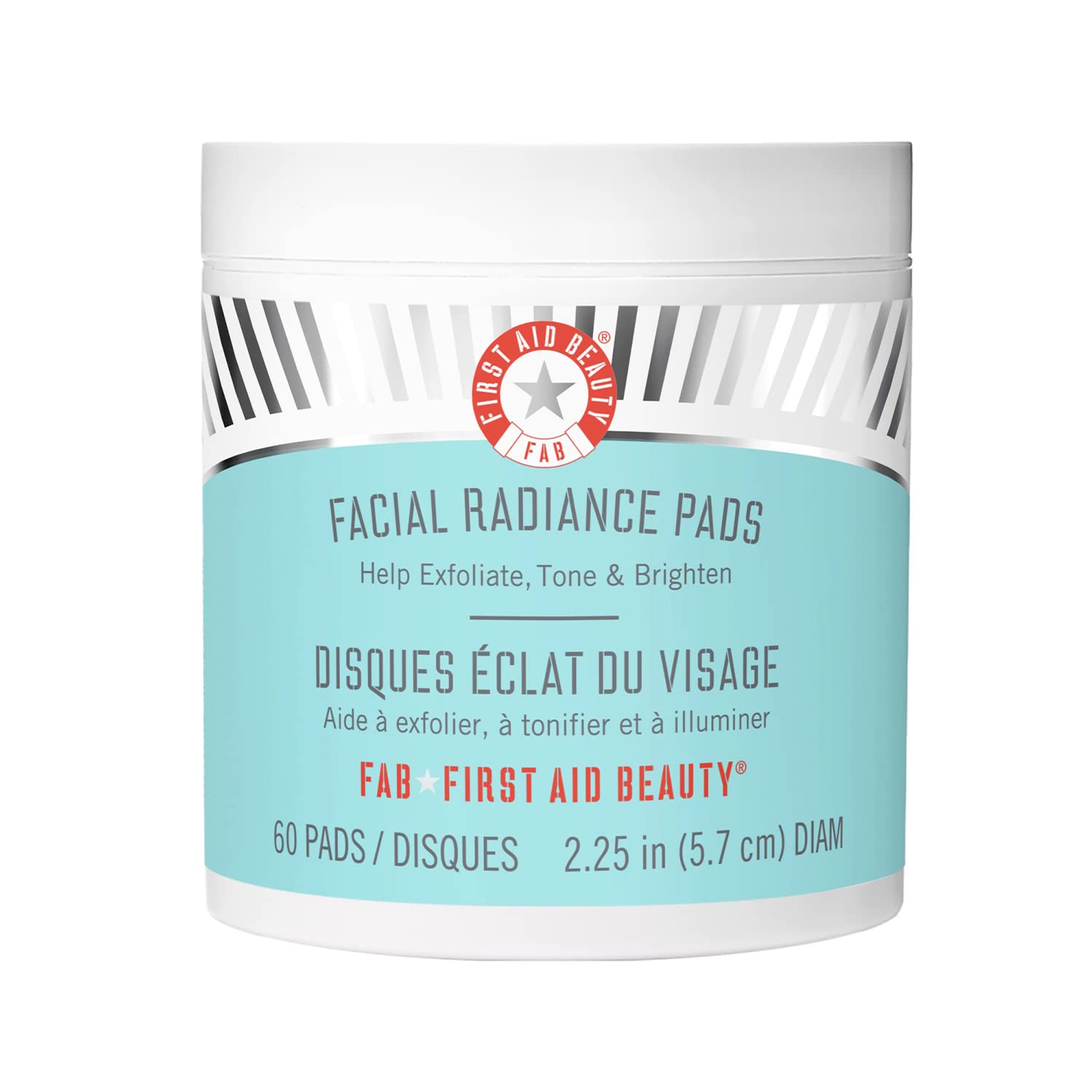 First Aid Beauty Facial Radiance Pads pack closeup highlights gentle exfoliation for smoother skin.