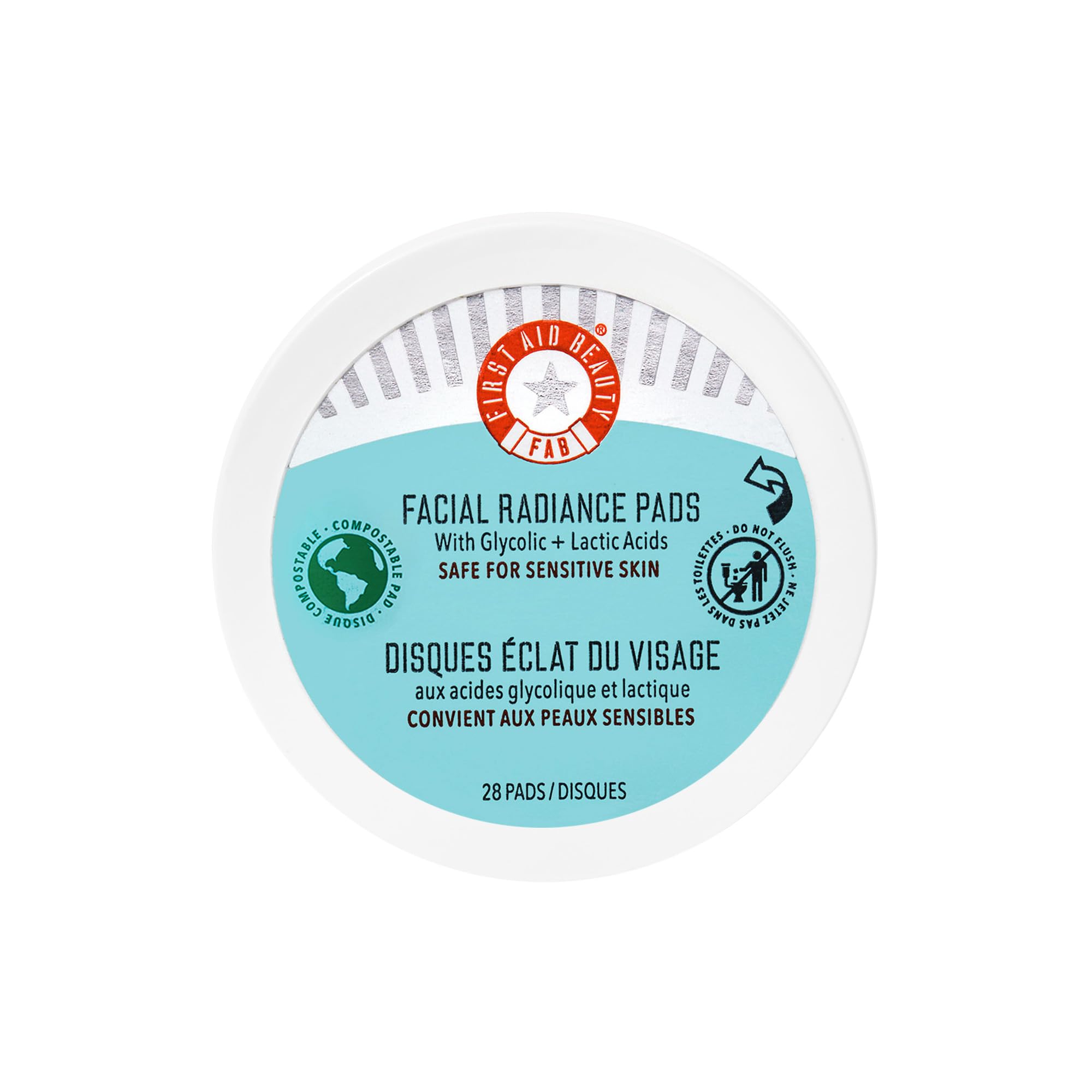 First Aid Beauty facial radiance pads packaging highlights compostable daily-use design for gentle brightening.