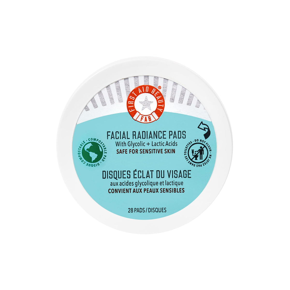 First Aid Beauty facial radiance pads packaging highlights compostable daily-use design for gentle brightening.