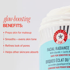 First Aid Beauty facial radiance pad being swiped supports a one-step makeup prep.