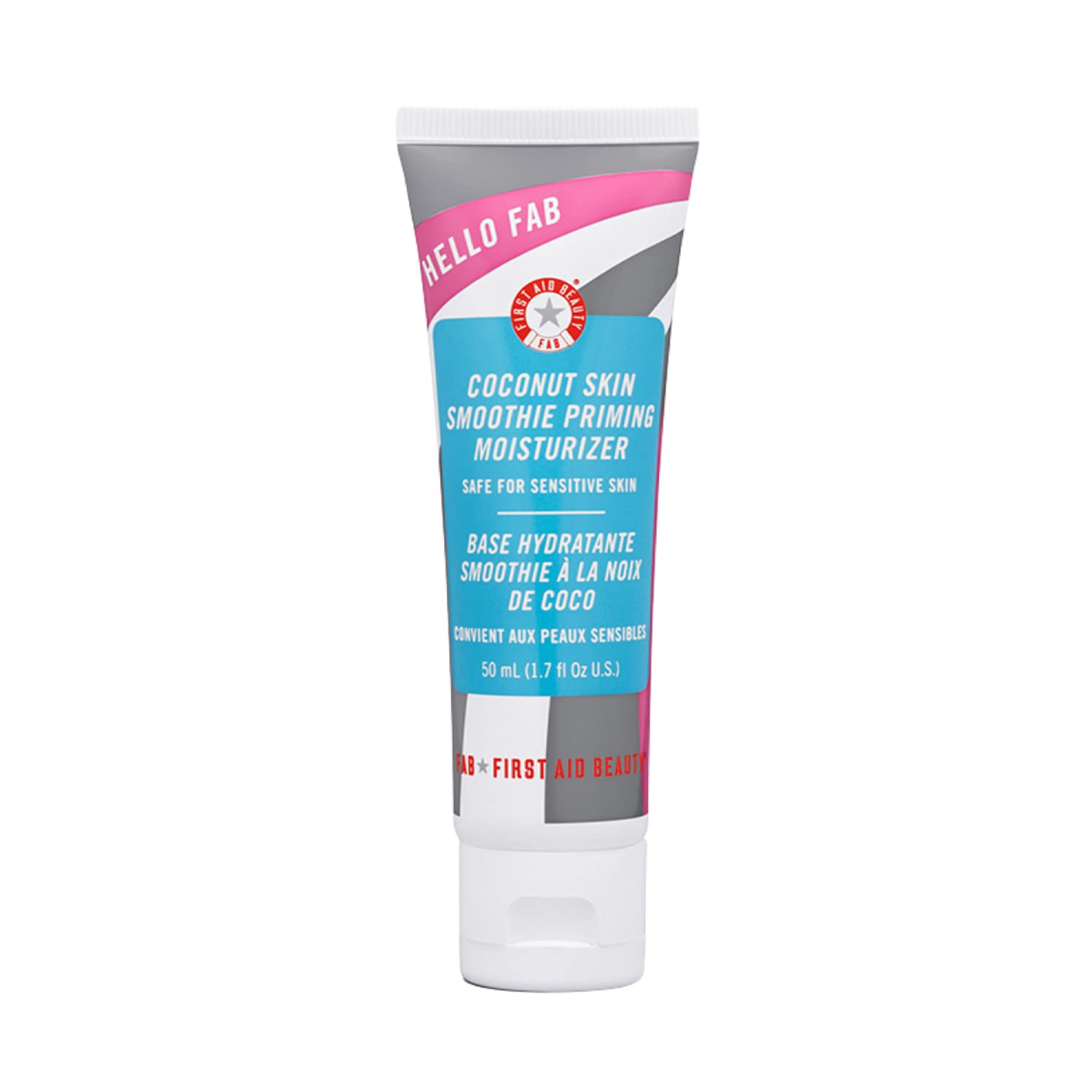 First Aid Beauty Hello FAB Coconut Skin Smoothie bottle pour highlights lightweight hydration and priming benefits.