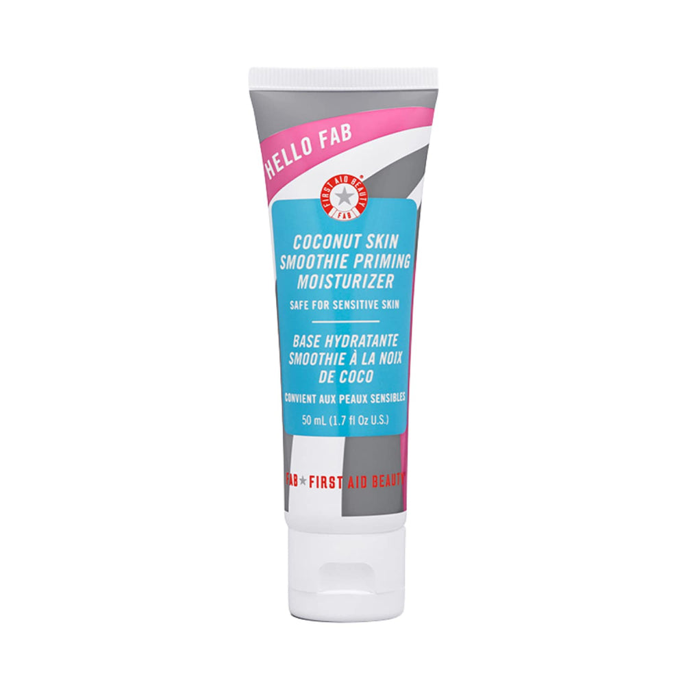 First Aid Beauty Hello FAB Coconut Skin Smoothie bottle pour highlights lightweight hydration and priming benefits.