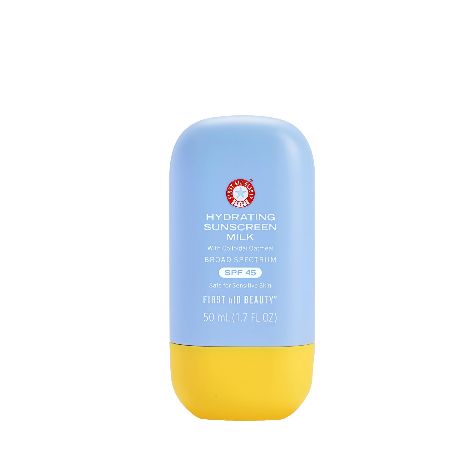 First Aid Beauty hydrating sunscreen milk bottle pour offers daily SPF 45 protection with a light feel