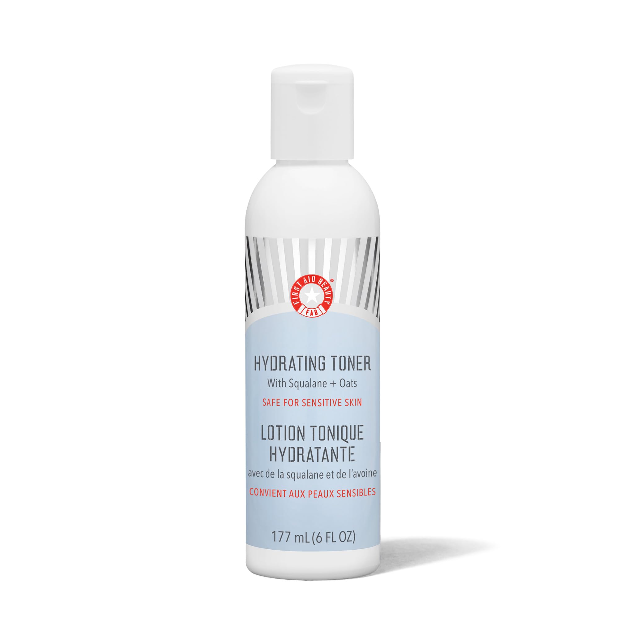 First Aid Beauty hydrating toner bottle pour shows gentle, alcohol-free hydration for sensitive skin