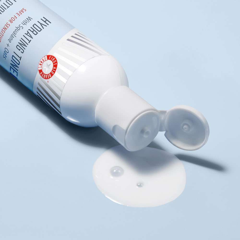 First Aid Beauty hydrating toner dermatologist-tested badge signals safety for sensitive daily use