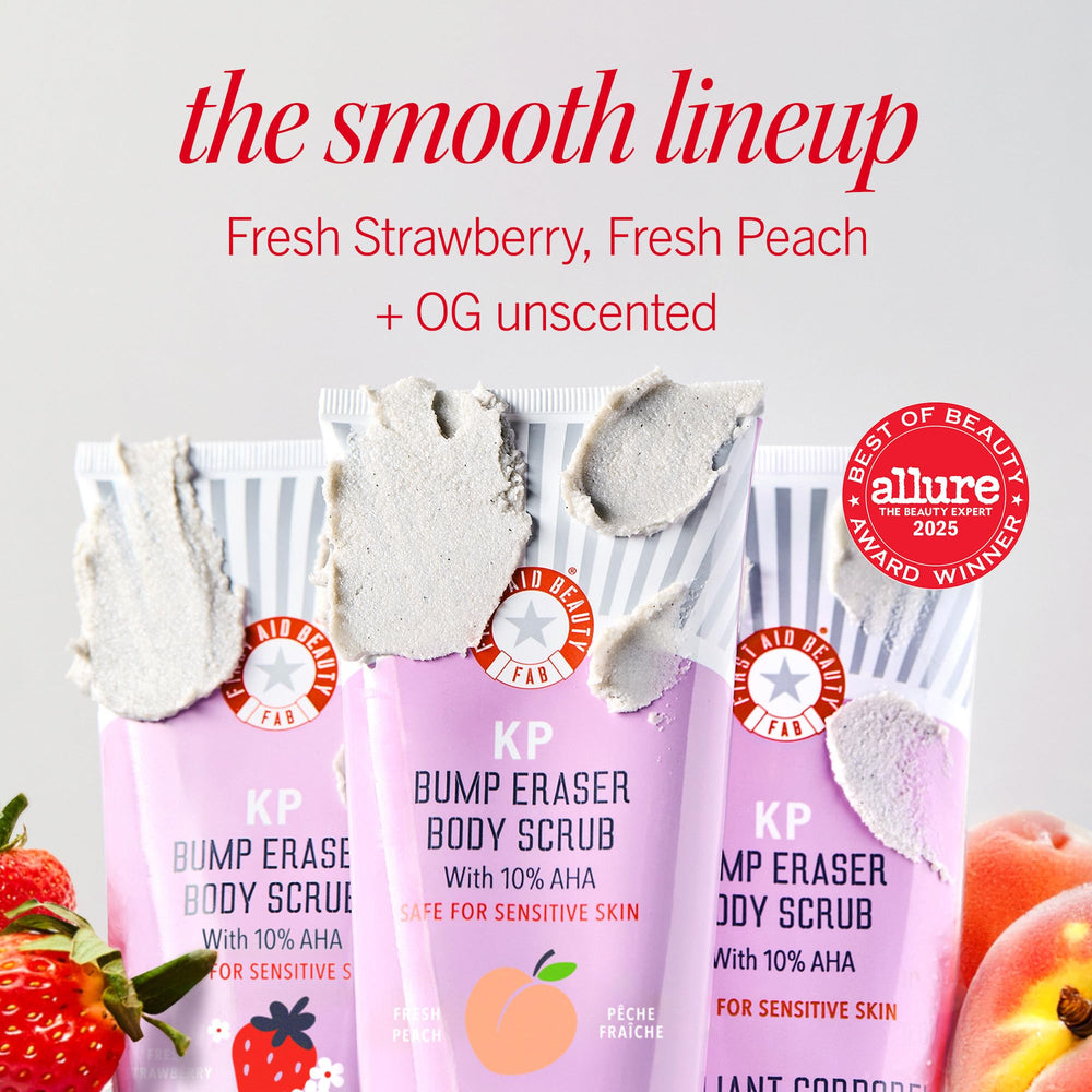 First Aid Beauty KP Bump Eraser ingredients label highlights 10% AHA blend.