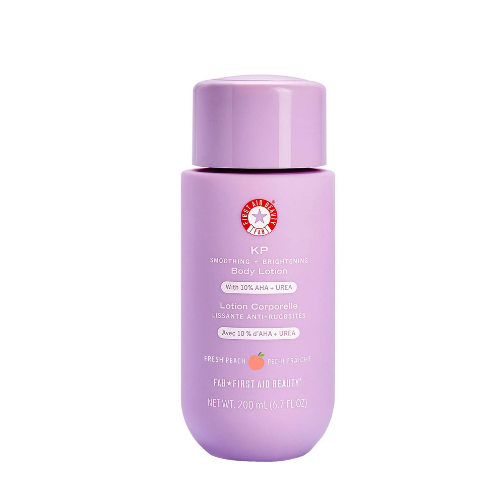 First Aid Beauty KP Smoothing bottle with pump for peach-scented exfoliating hydration.