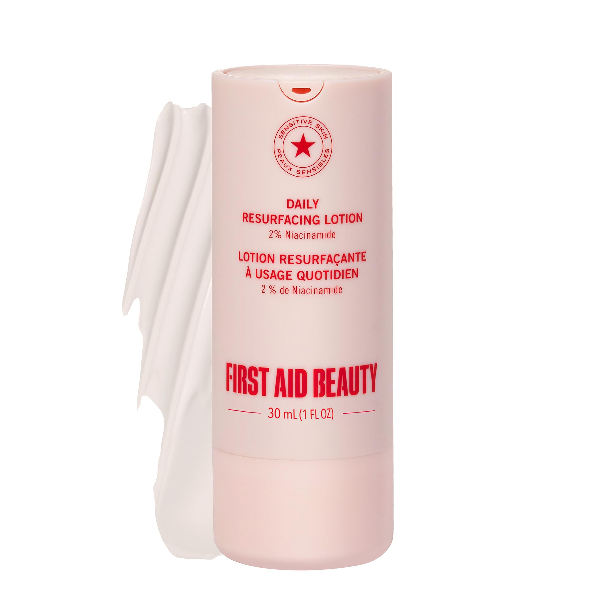 First Aid Beauty lactic acid lotion bottle, travel-friendly resurfacing for uneven texture