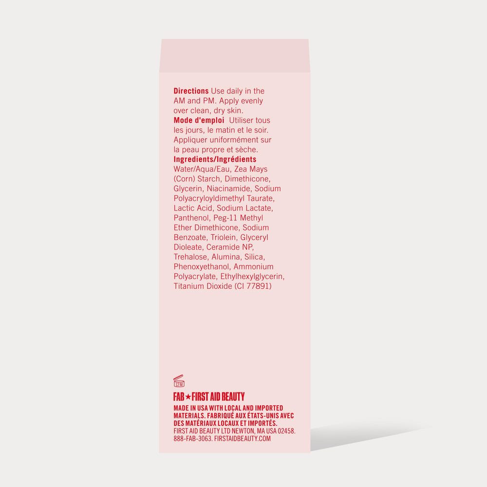 First Aid Beauty lactic acid lotion on skin, visibly supports post-acne appearance
