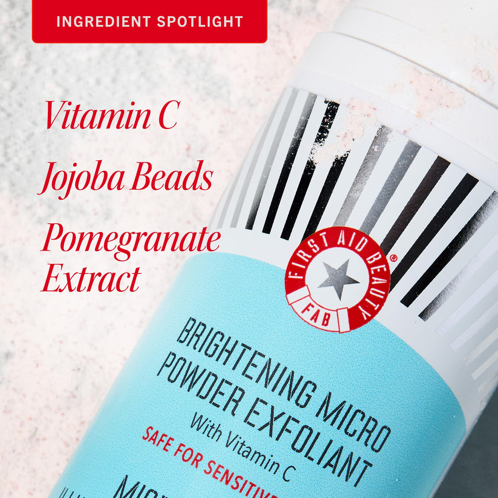 First Aid Beauty micro-powder exfoliant with jojoba beads delivering gentle exfoliation