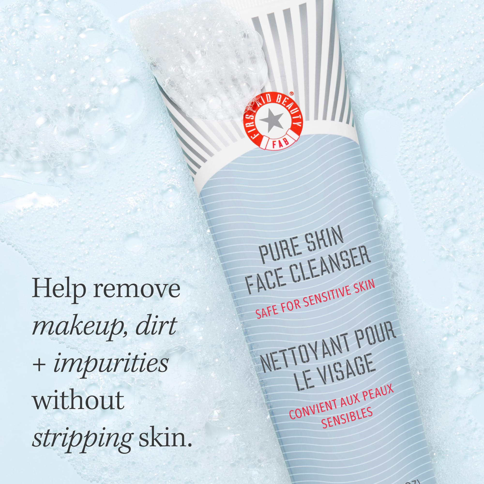 First Aid Beauty Pure Skin Cleanser texture swatch suggests non-irritating softness.