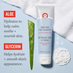 First Aid Beauty Pure Skin Face Cleanser bottle pump, gentle makeup remover for daily use.