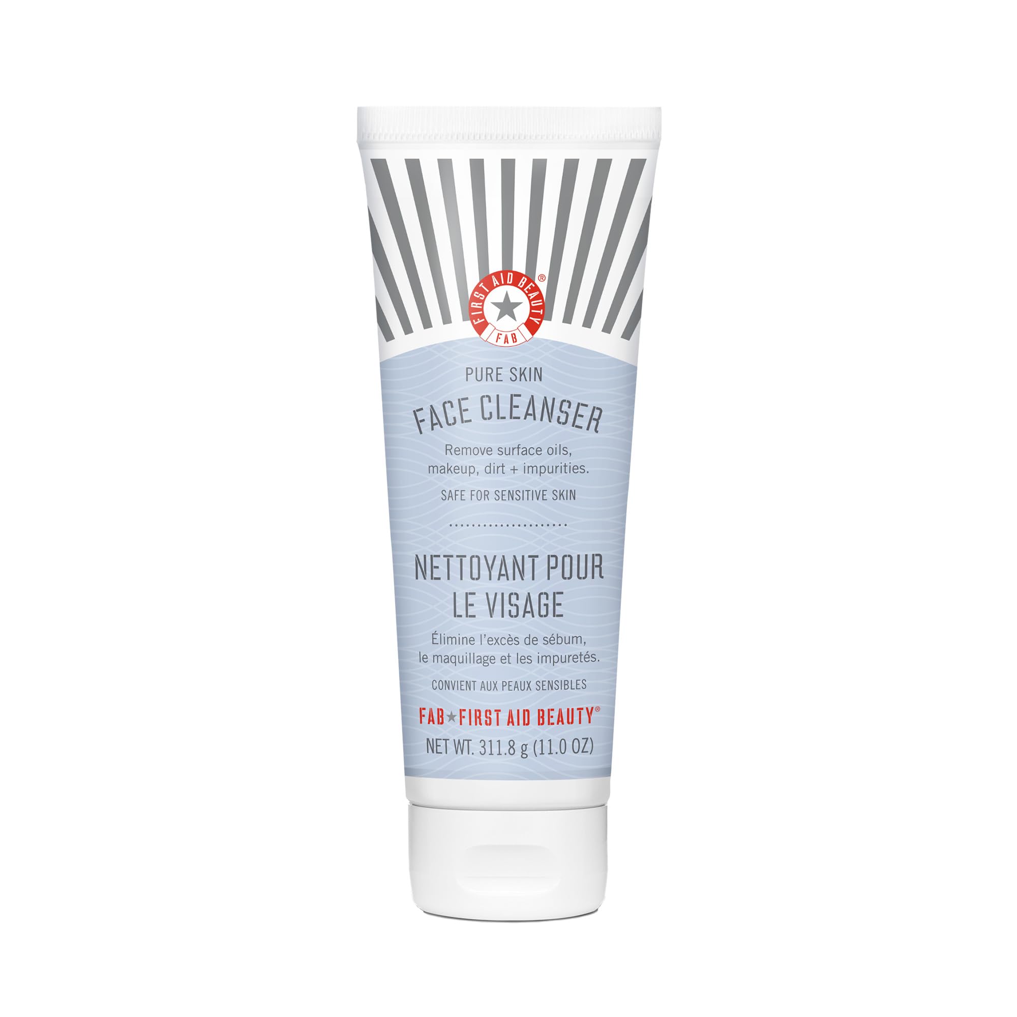 First Aid Beauty Pure Skin Face Cleanser bottle ideal for gentle makeup removal.