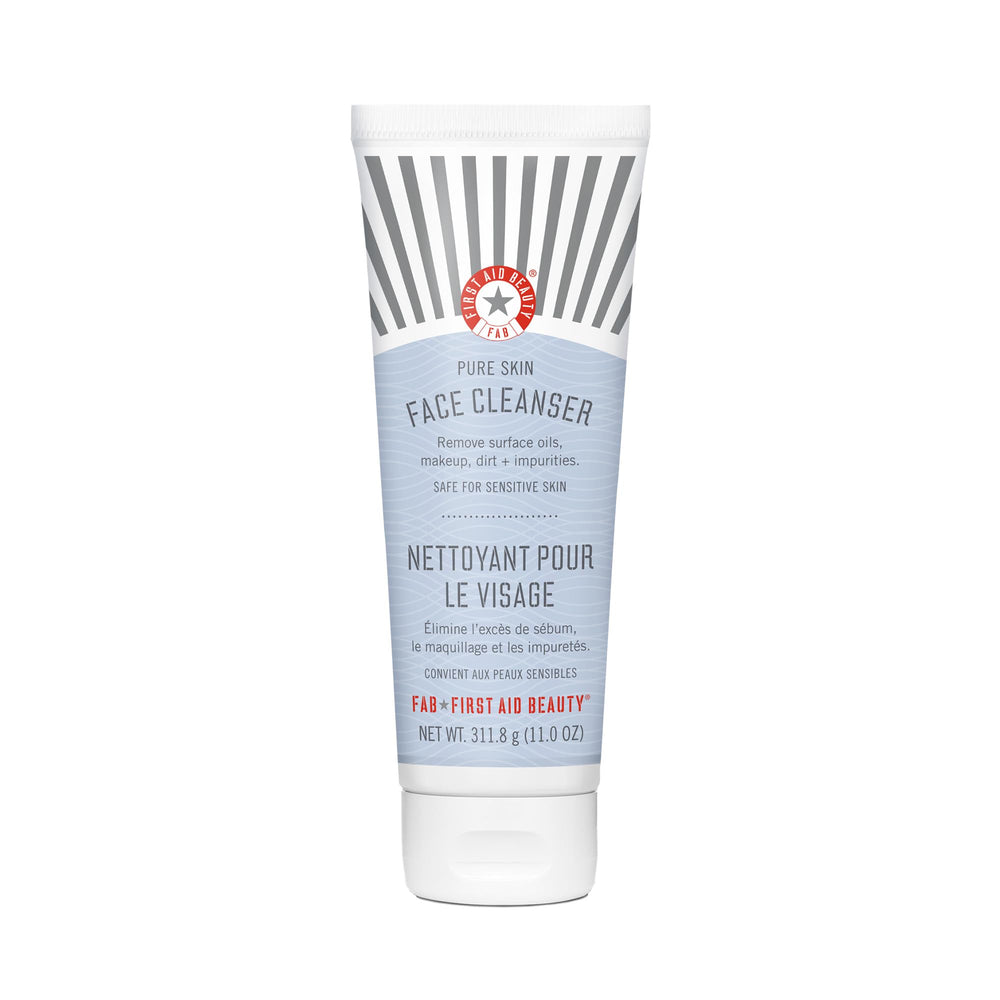 First Aid Beauty Pure Skin Face Cleanser bottle ideal for gentle makeup removal.