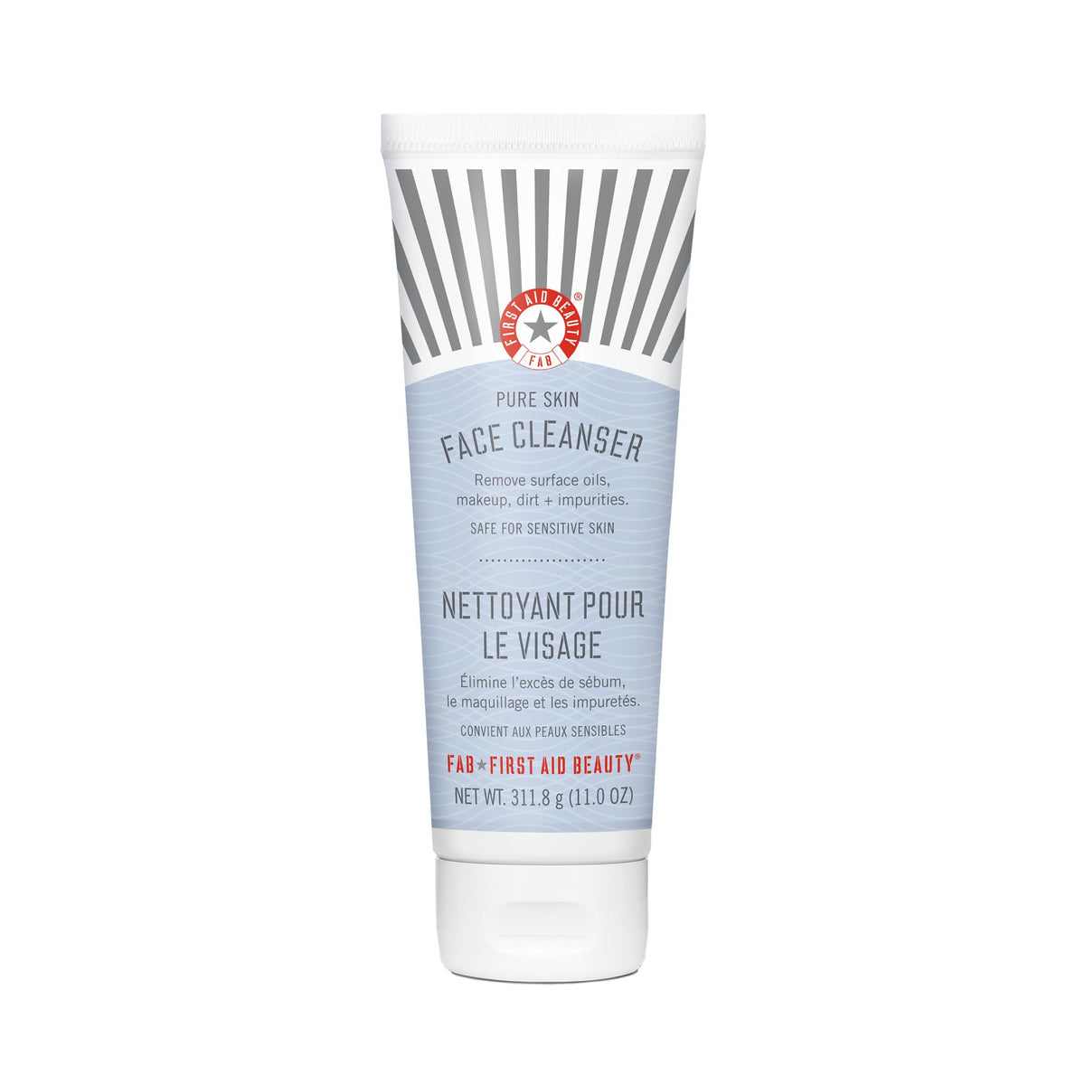 First Aid Beauty Pure Skin Face Cleanser bottle ideal for gentle makeup removal.