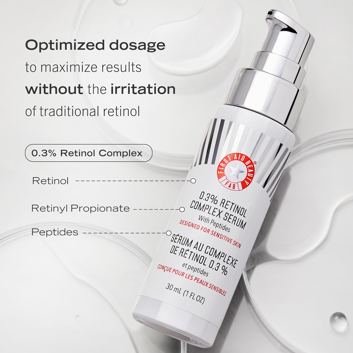 First Aid Beauty retinol complex serum application-scene suggests nightly routine for smoother-looking skin
