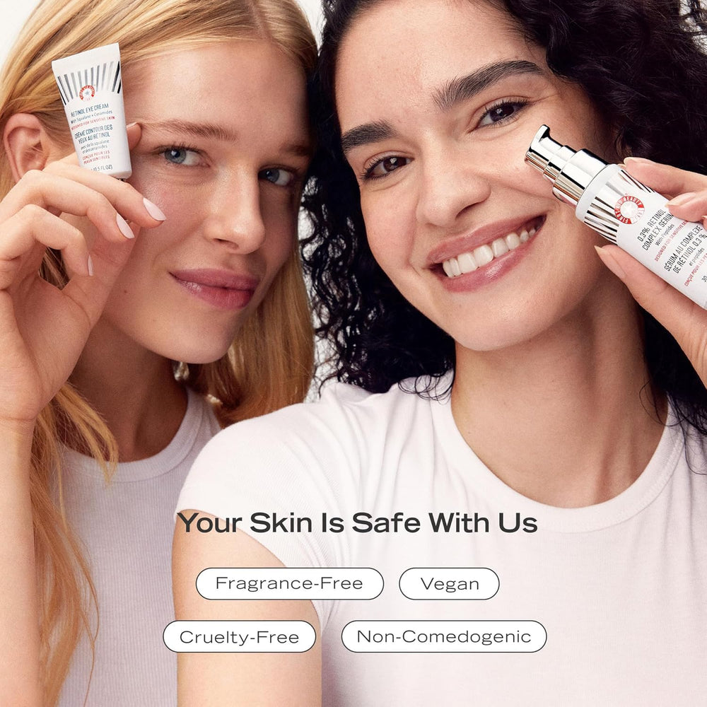 First Aid Beauty retinol complex serum packaging-back lists free-from ingredients and safety notes