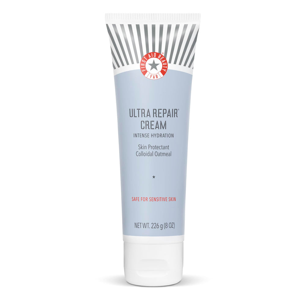 First Aid Beauty Ultra Repair Cream bottle demonstrates fast-absorbing hydration for parched skin