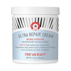 First Aid Beauty Ultra Repair Cream jar closeup highlights rich hydration for dry skin.