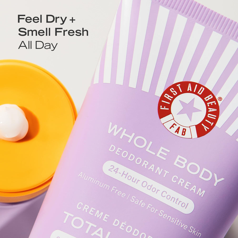 First Aid Beauty Whole Body Deodorant Cream application close-up shows gentle, non-greasy feel.