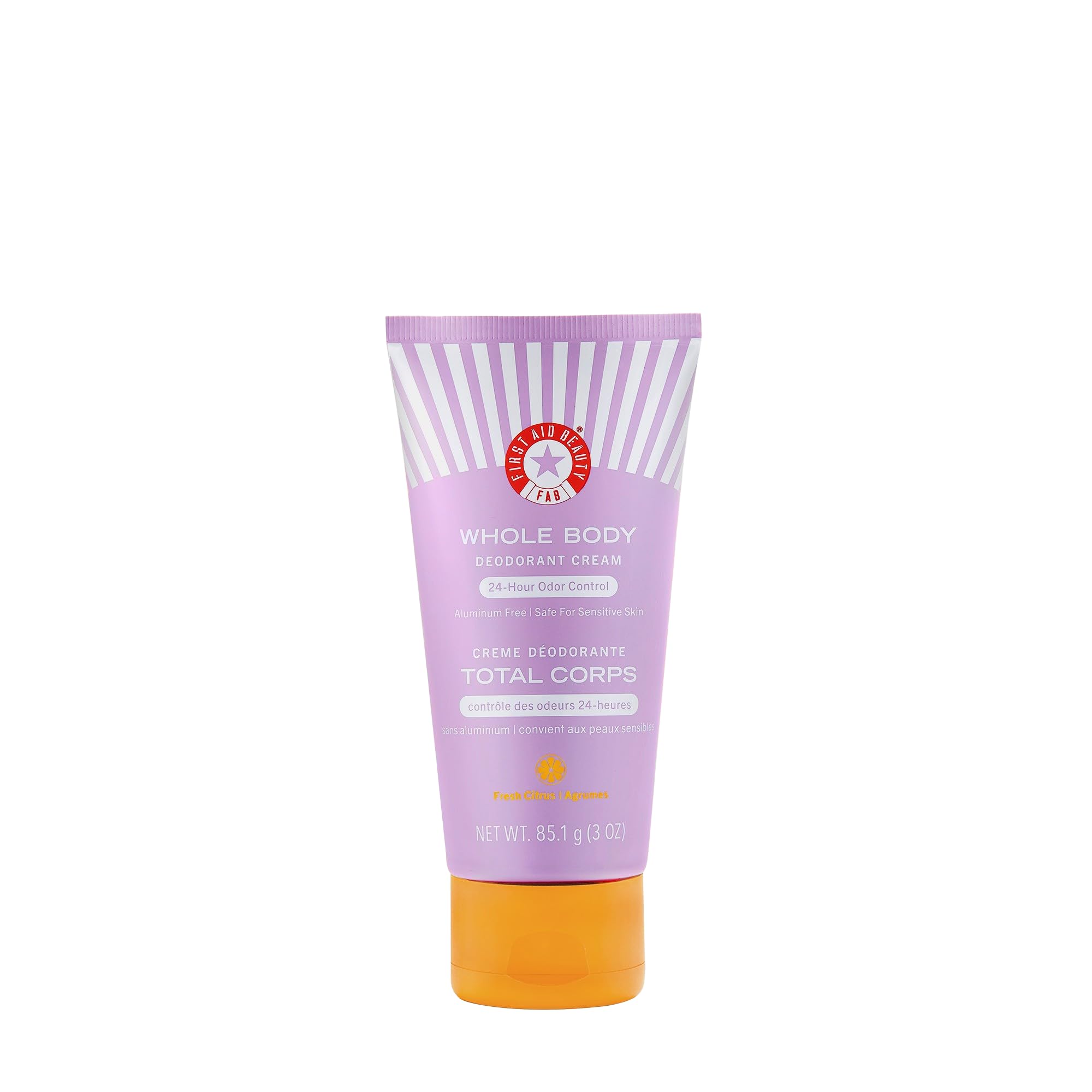First Aid Beauty Whole Body Deodorant Cream packaging highlights aluminum-free, all-day odor protection.