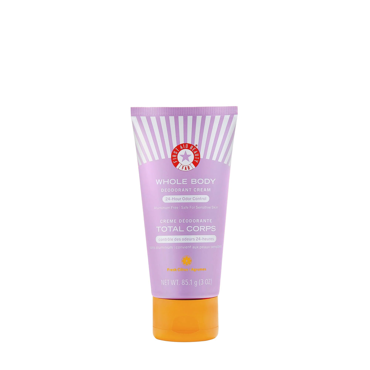 First Aid Beauty Whole Body Deodorant Cream packaging highlights aluminum-free, all-day odor protection.