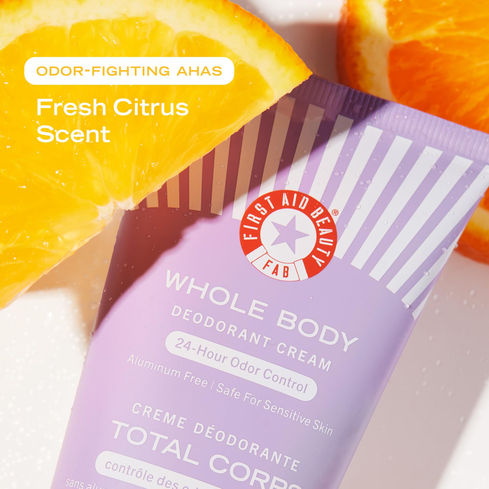 First Aid Beauty Whole Body Deodorant Cream on tummy rolls shows gentle comfort.