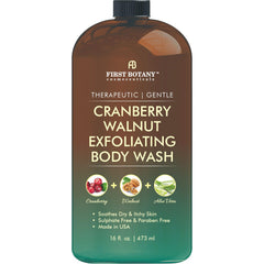 First Botany all natural body wash bottle pouring for cranberry-walnut cleanse and odor control