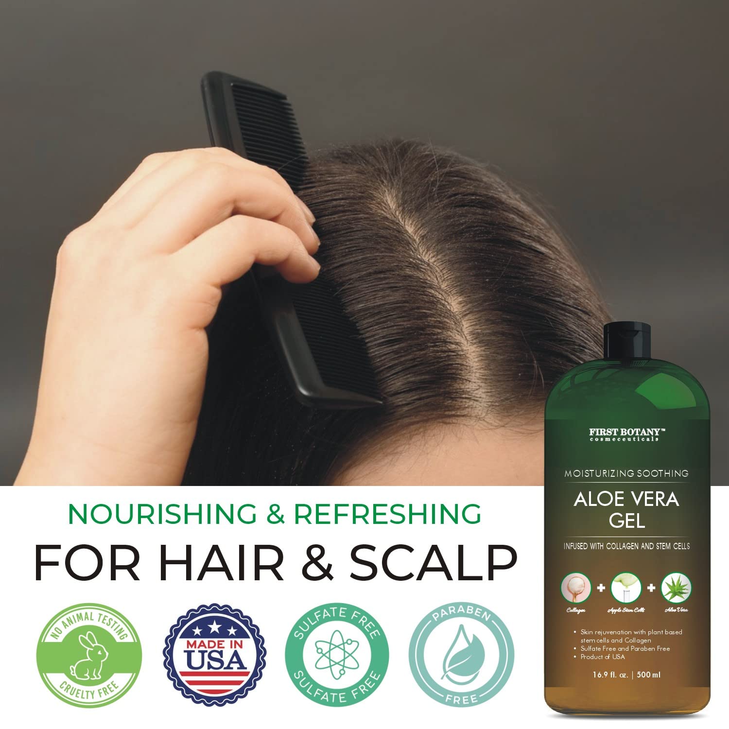 First Botany Aloe Vera Gel bottle-front showcases versatile, natural skincare for face, body, and hair.