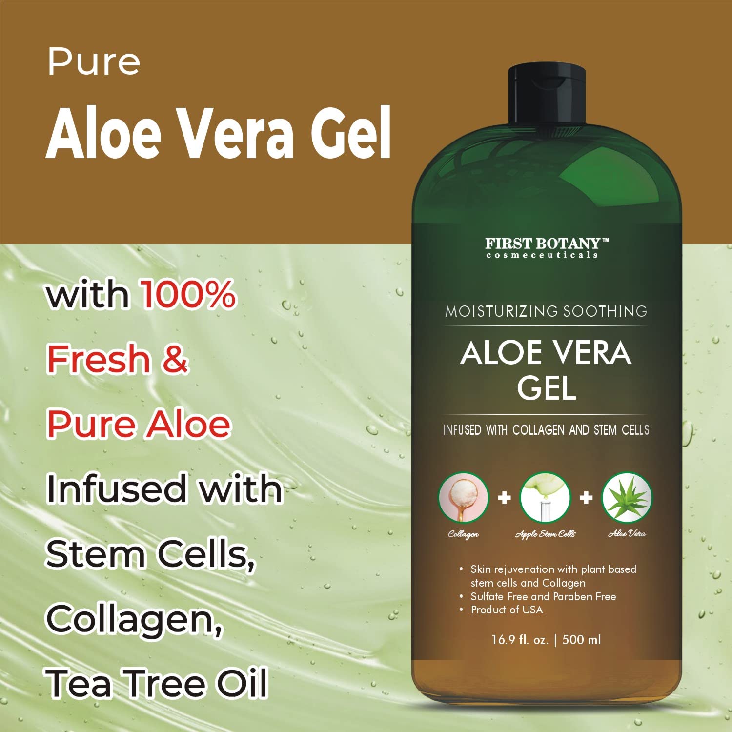 First Botany Aloe Vera Gel on hair and scalp nourishes moisture for softer, shinier hair.