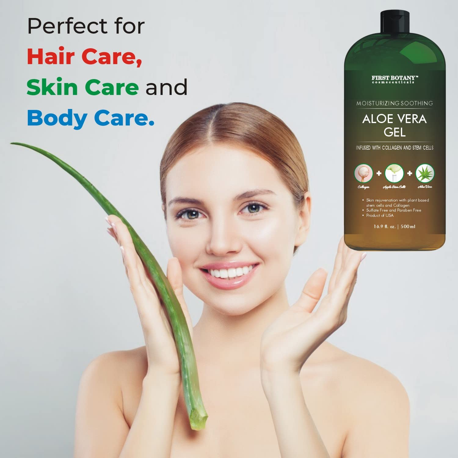 First Botany Aloe Vera Gel USA-grown formula highlights quality and freshness.