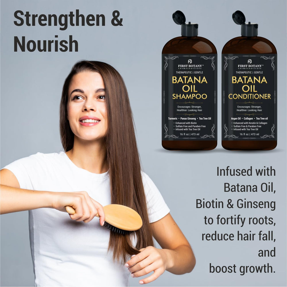 First Botany Batana Oil Conditioner bottle pour promotes smooth, tangle-free styling.