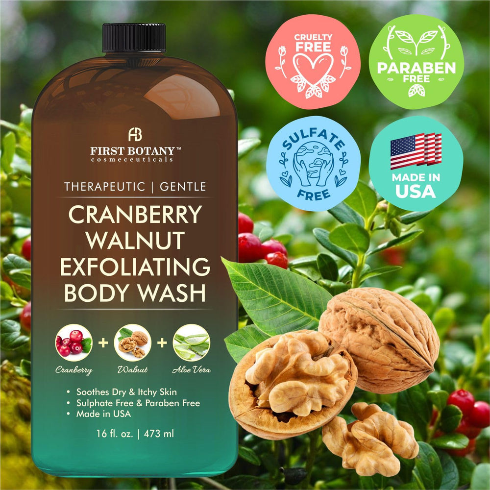 First Botany ingredients cranberries and walnuts displayed beside bottle