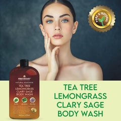 First Botany body wash lemon grass foam close-up emphasizing refreshing scent and skin-softening foam
