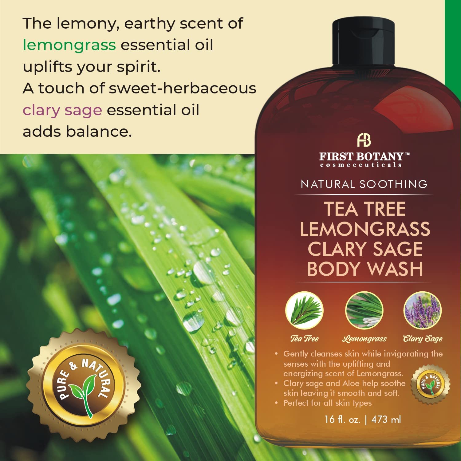 First Botany body wash soft-lather texture shot highlighting soothing, non-drying cleanse