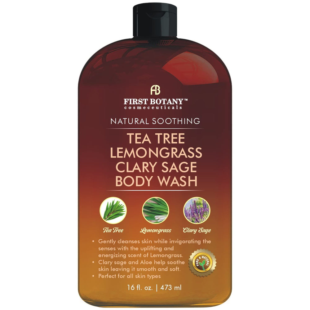 First Botany body wash tea tree bottle close-up highlighting natural cleansing and odor control