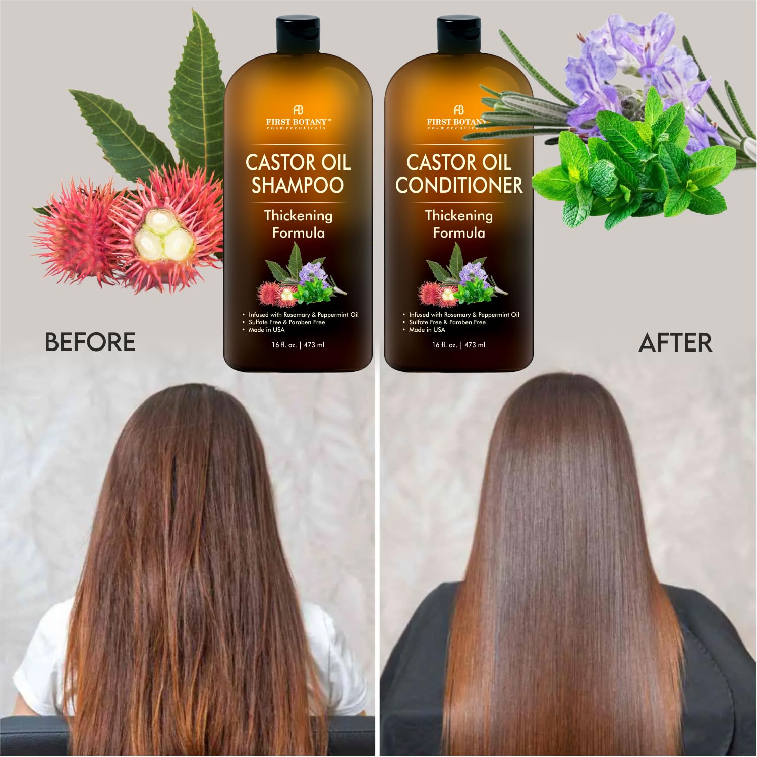 First Botany Castor Oil Conditioner bottle closeup showing nourishing oils for shine and manageability.