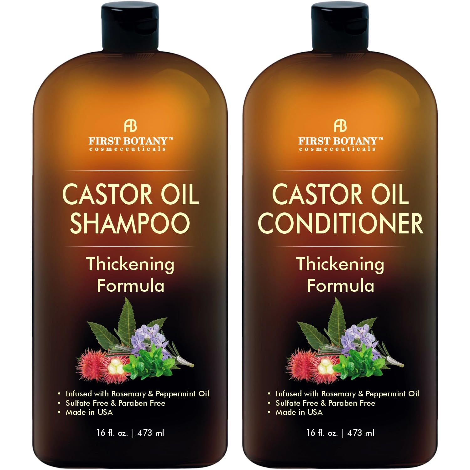 First Botany Castor Oil Shampoo bottle closeup with refreshing mint scent for scalp cooling.