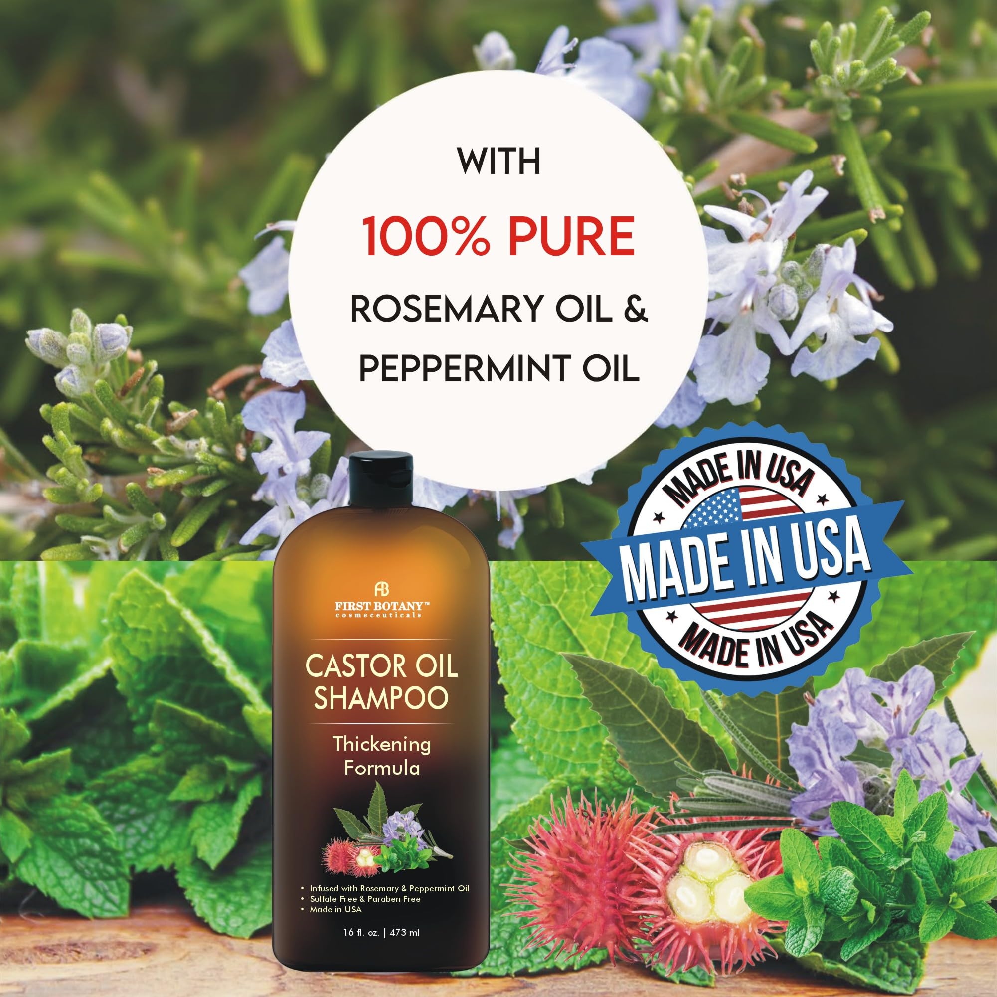 First Botany Castor Oil Shampoo ingredients image shows castor oil and botanicals for nourishment.