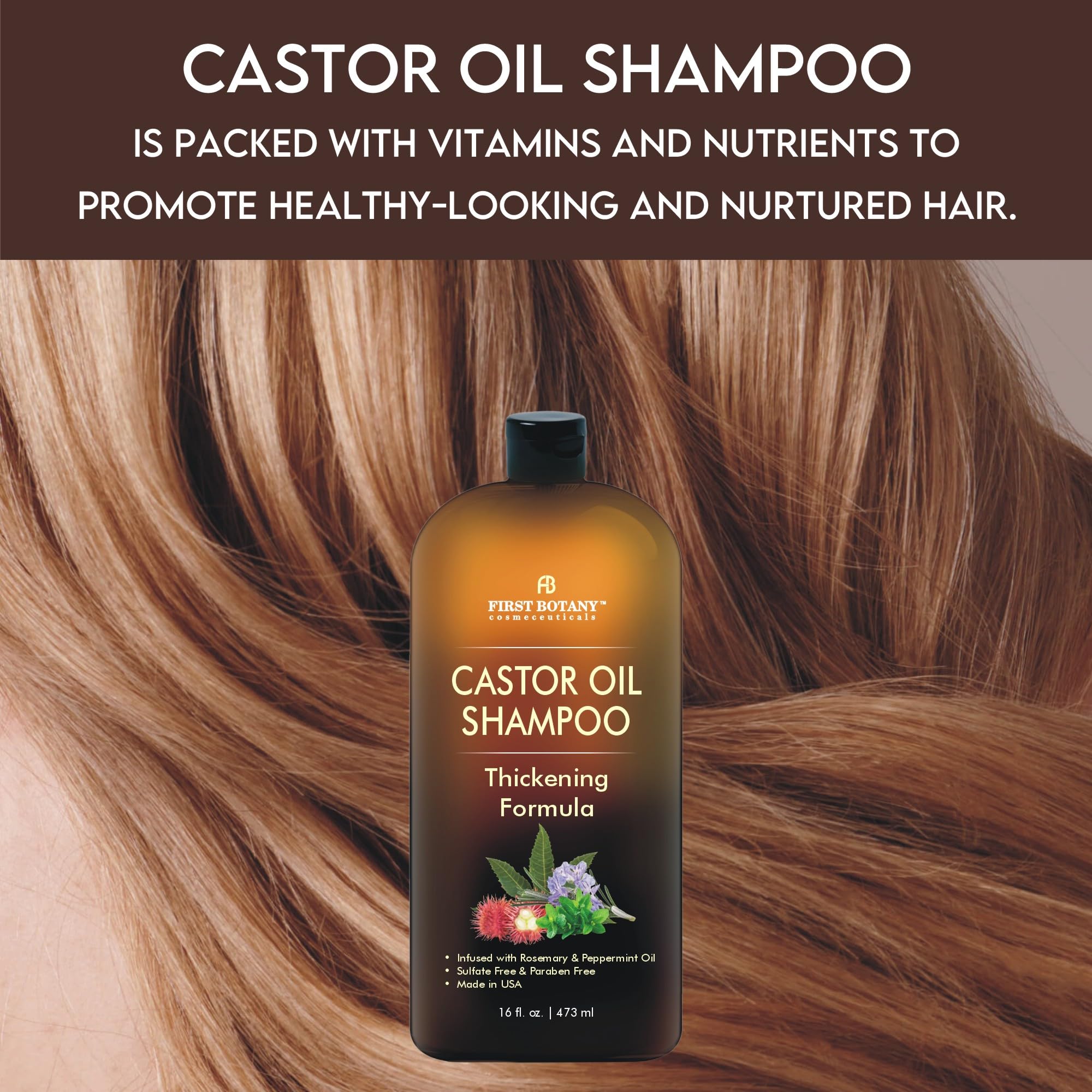 First Botany Castor Oil Shampoo scalp closeup highlights peppermint and rosemary for refreshing feel.