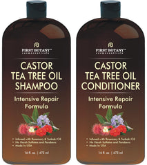 First Botany Castor Tea Tree Shampoo bottle promoting fuller-looking hair