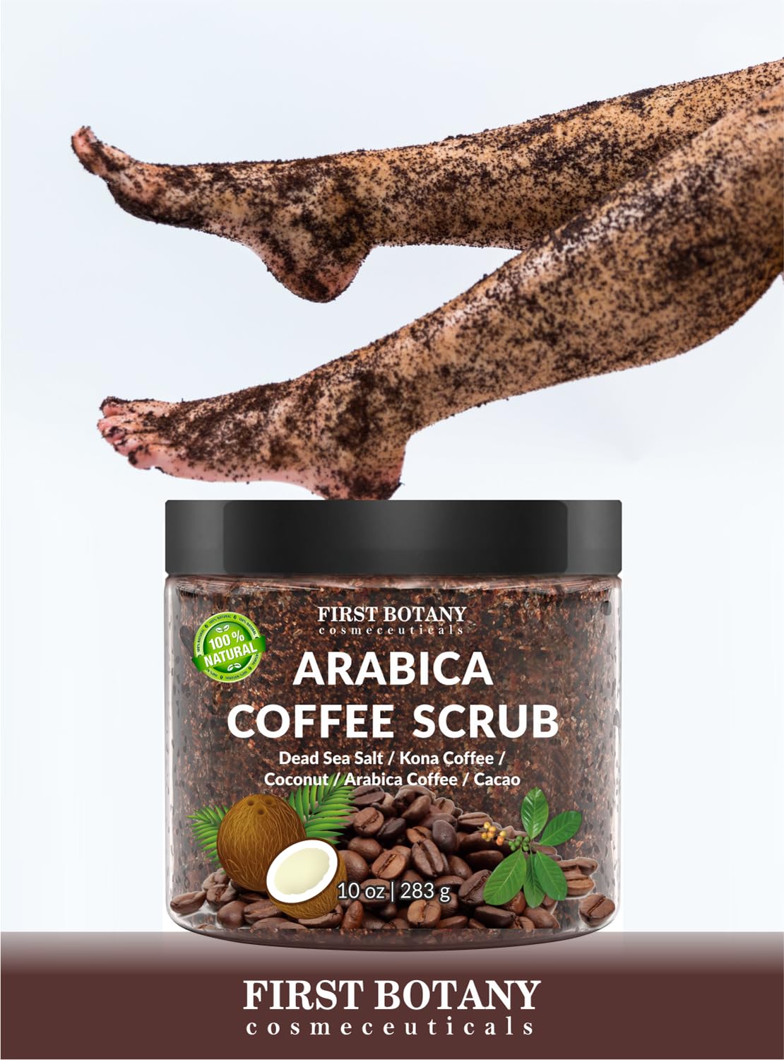 First Botany Coffee Scrub showing coconut oil for moisturizing and smooth skin