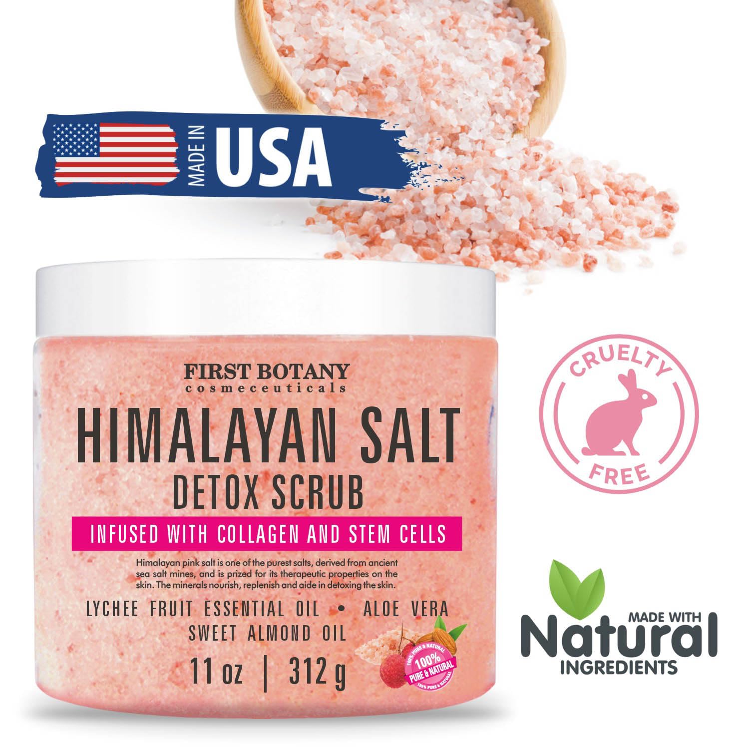 First Botany Himalayan Salt Scrub closeup – crystal salt texture for exfoliation.