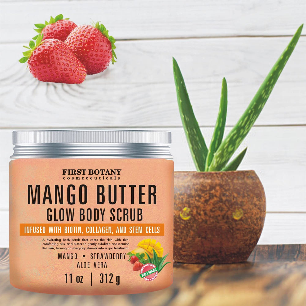 First Botany Mango Butter Body Scrub in shower creates moisturizing, smooth skin experience.