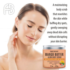 First Botany Mango Butter Scrub ingredients close-up featuring biotin and collagen for skin vitality.