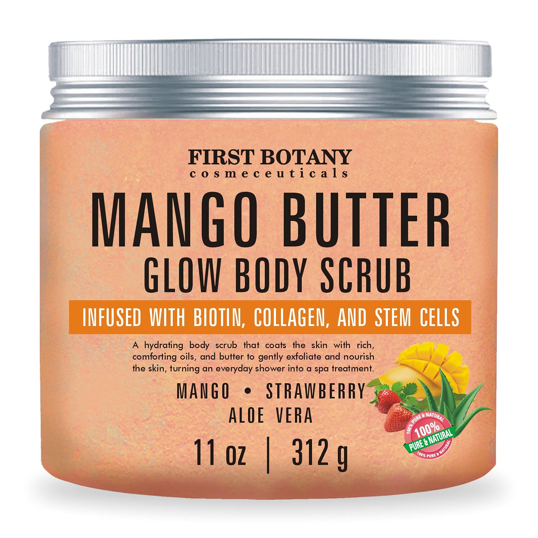 First Botany Mango Butter Body Scrub packaging on shelf for moisturized skin.