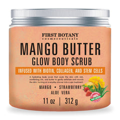 First Botany Mango Butter Body Scrub packaging on shelf for moisturized skin.